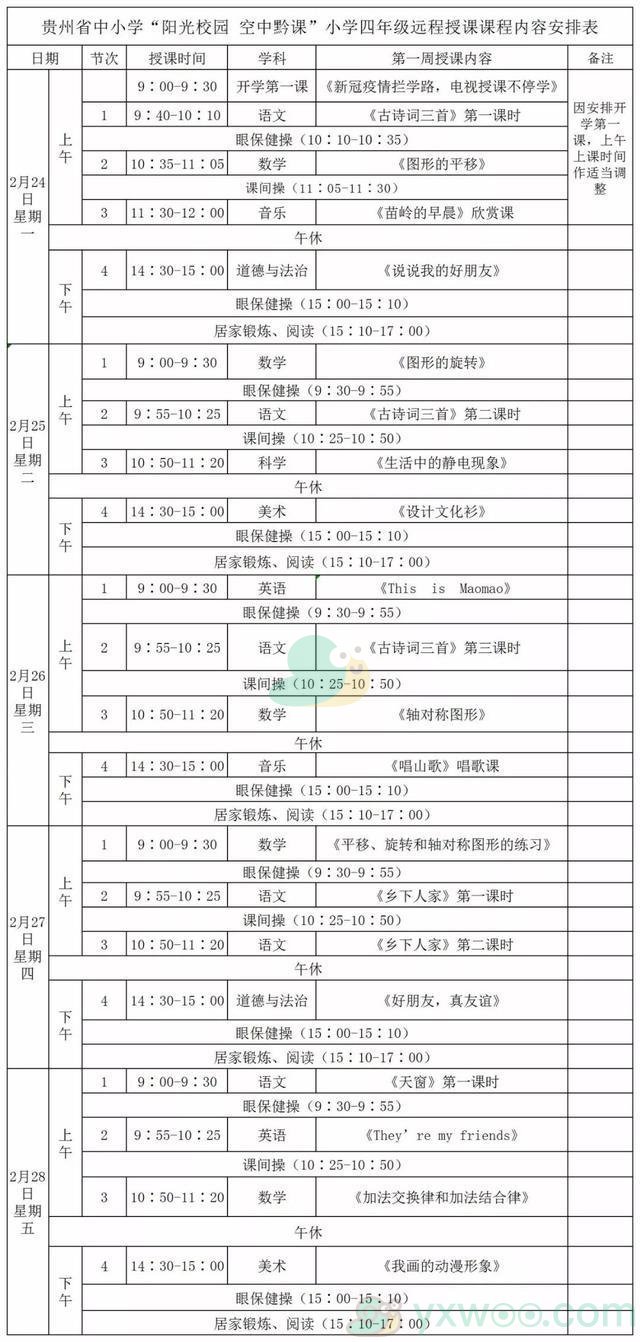 《阳光校园空中黔课》小学四年级第一周课表