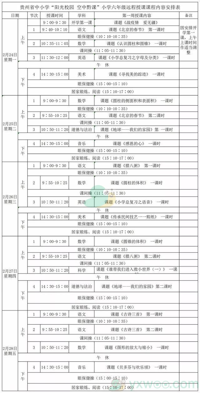 《阳光校园空中黔课》小学六年级第一周课表